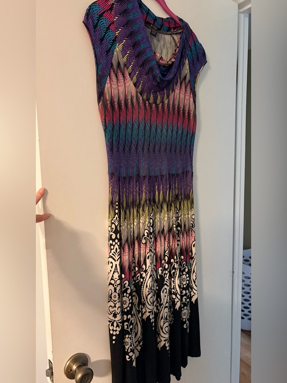 SPENSE CROP SLEEVE cowl neck dress colorful geometric pattern & paisley print